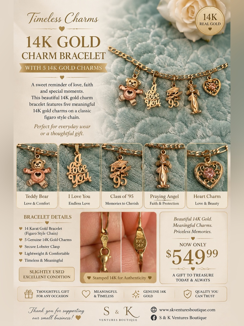 14K Gold Charm Bracelet with Teddy Bear, 'I Love You' & Heart Charms